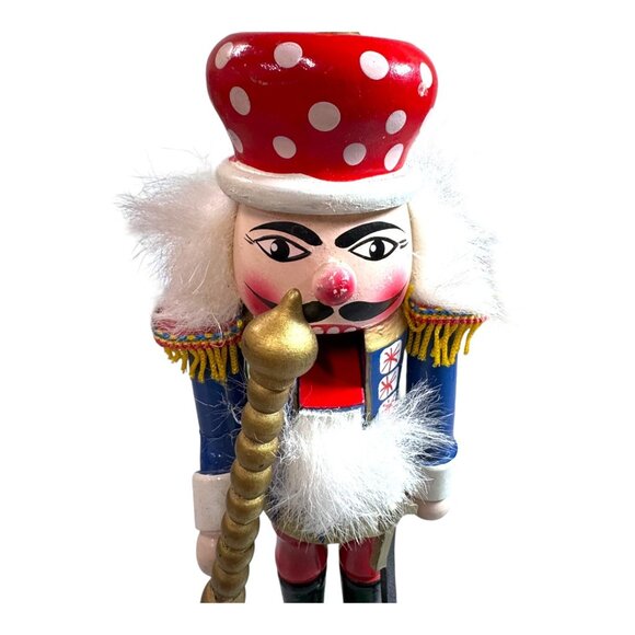 Vintage Wooden Nutcracker Toy Soldier King Figurine Red Polka Dot Hat Gold Staff - Picture 7 of 9